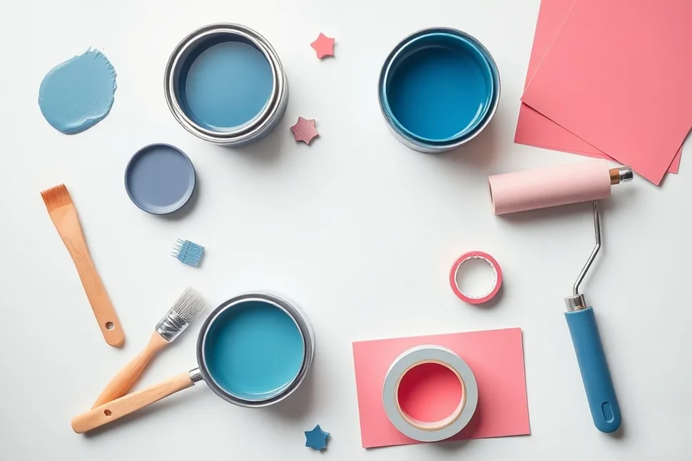 Pots de peinture, nuancier, brosses et rouleaux disposés à plat