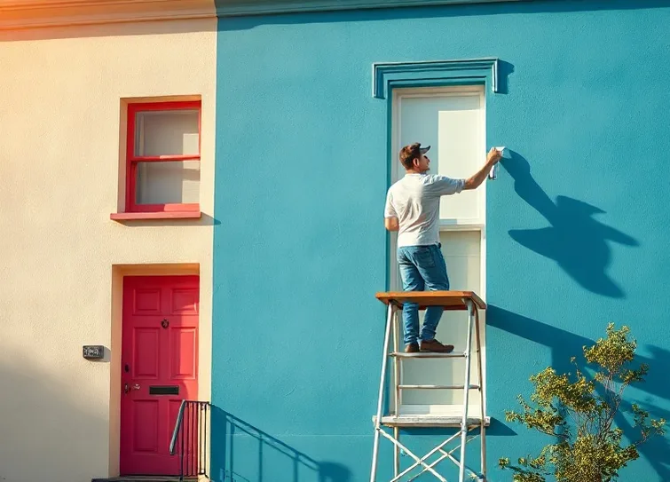 Peintre sur échafaudage traitant la façade d'une maison