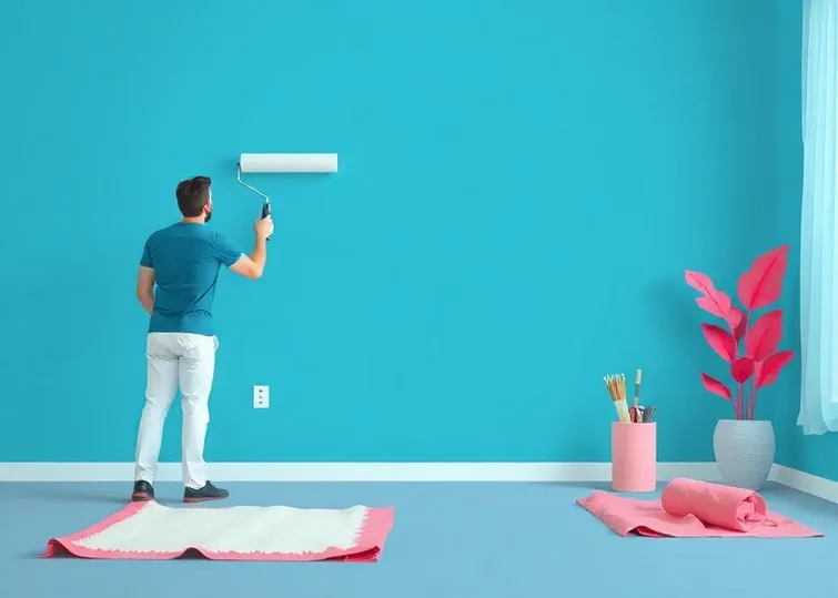 Peintre appliquant la peinture au rouleau sur un mur de salon